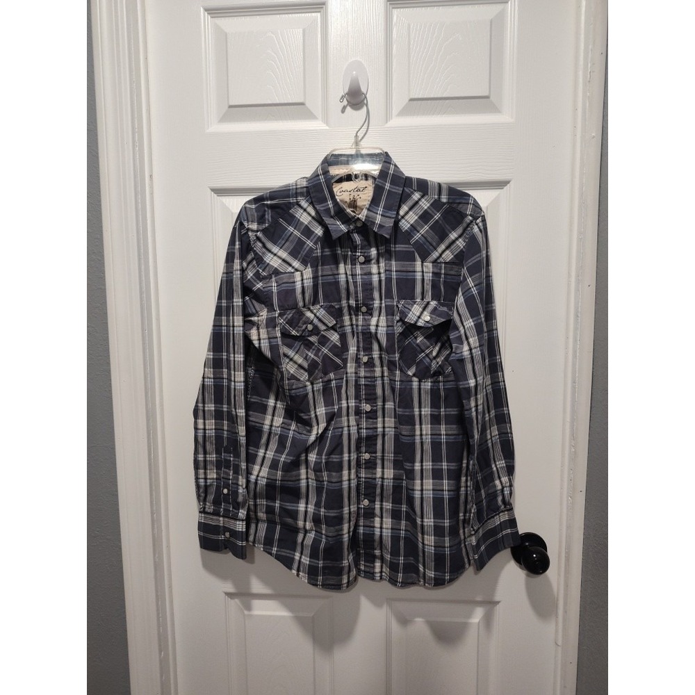 Coastal‎ Size Large Button Down Pearl Snap Shirt Long Sleeve Blue Plaid